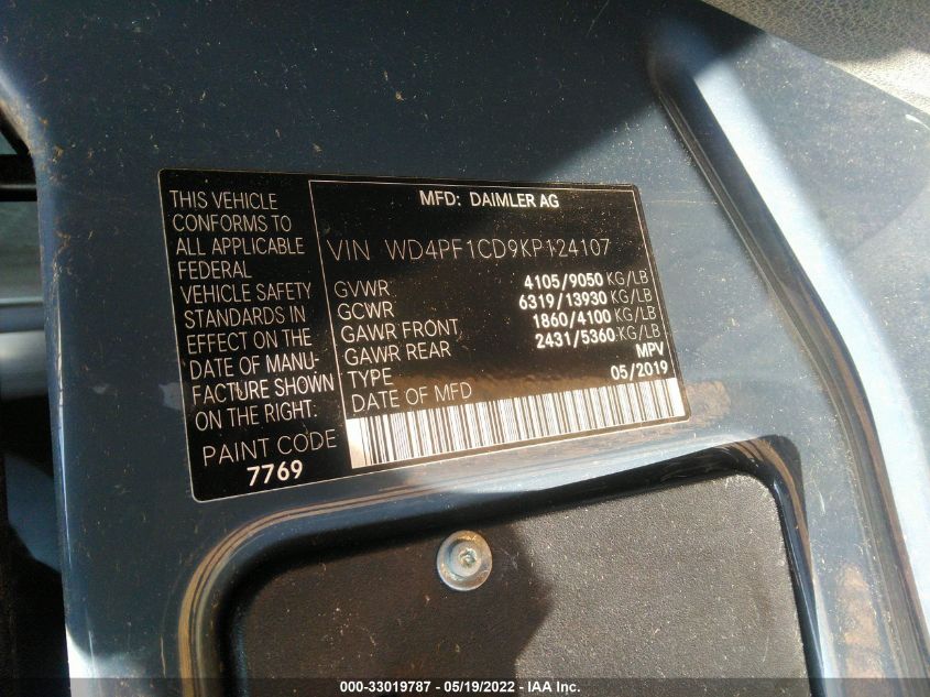 2019 MERCEDES-BENZ SPRINTER VAN WD4PF1CD9KP124107
