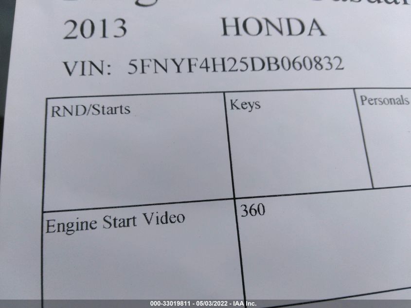 2013 HONDA PILOT LX 5FNYF4H25DB060832
