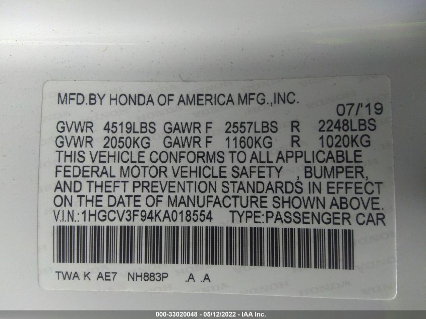 2019 HONDA ACCORD HYBRID 1HGCV3F94KA018554