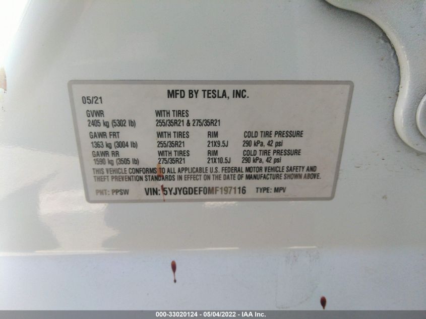 2021 TESLA MODEL Y PERFORMANCE 5YJYGDEF0MF197116