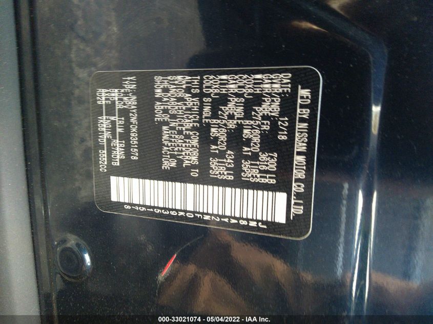 2019 NISSAN ARMADA PLATINUM JN8AY2NF0K9351578