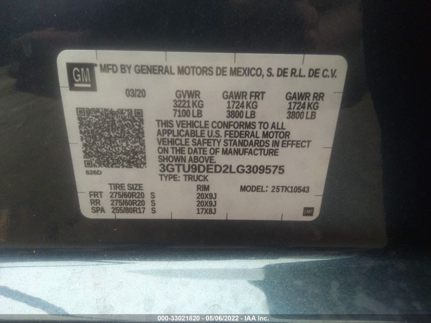 2020 GMC SIERRA 1500 SLT 3GTU9DED2LG309575