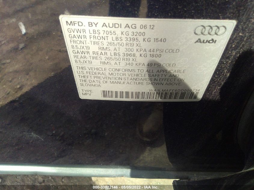2013 AUDI Q7 3.0L TDI PREMIUM PLUS WA1LMAFE6DD000734