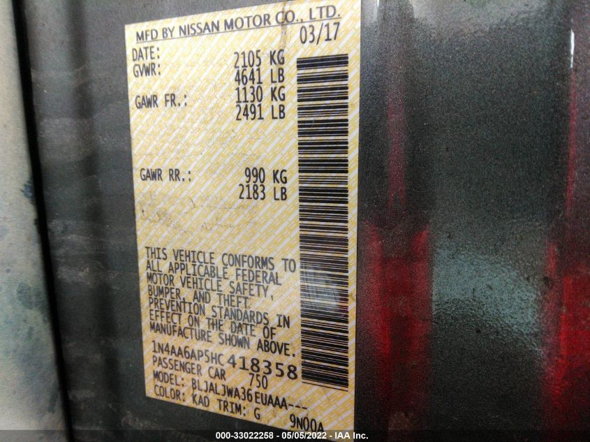 2017 NISSAN MAXIMA SV 1N4AA6AP5HC418358