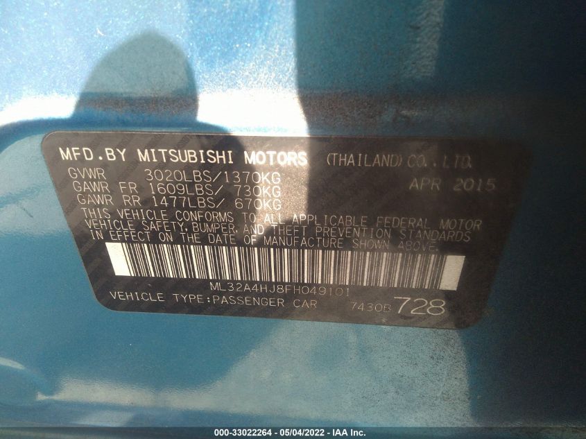 2015 MITSUBISHI MIRAGE ES/RF ML32A4HJ8FH049101