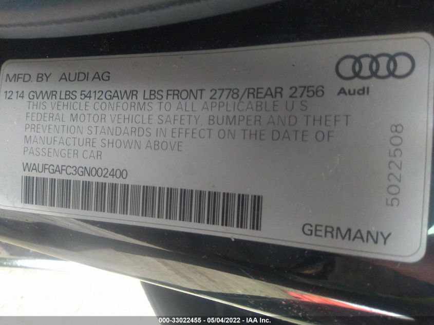 2016 AUDI A6 3.0T PREMIUM PLUS WAUFGAFC3GN002400