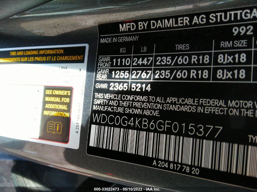 2016 MERCEDES-BENZ GLC GLC 300 WDC0G4KB6GF015377