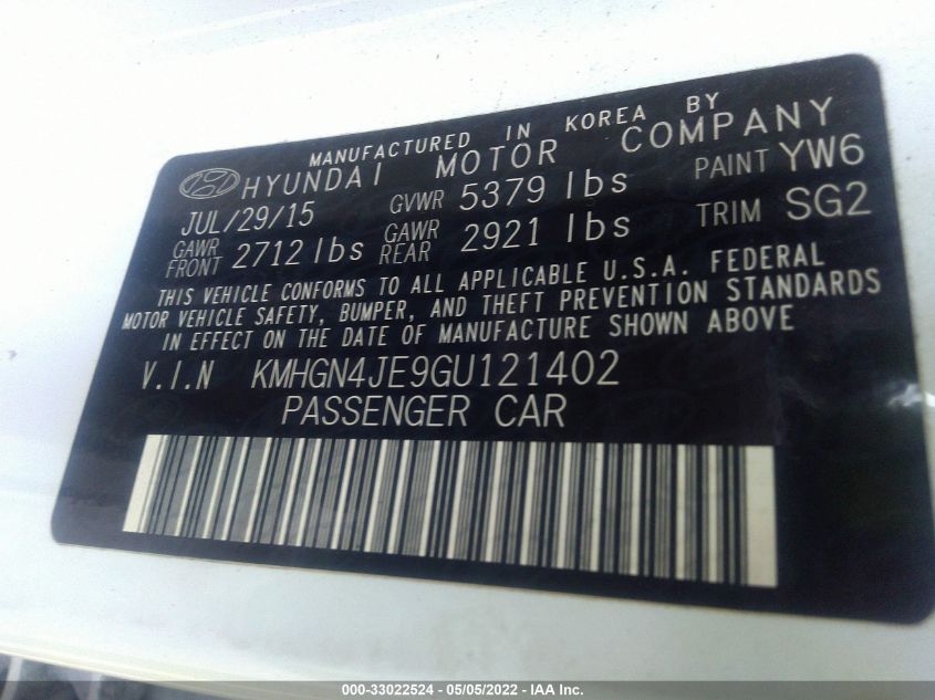 2016 HYUNDAI GENESIS 3.8L KMHGN4JE9GU121402