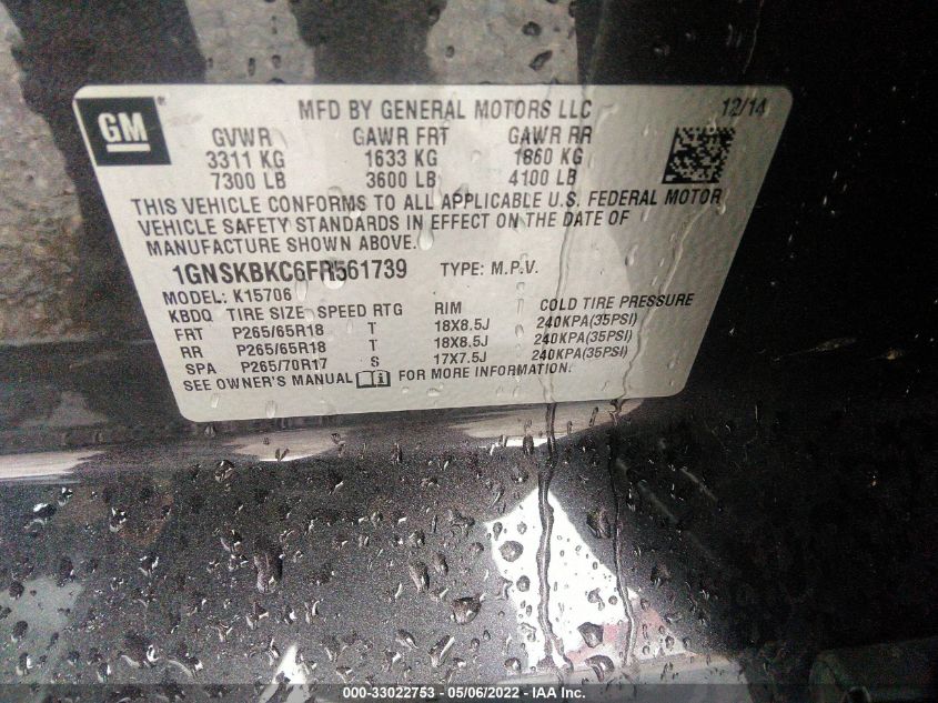 2015 CHEVROLET TAHOE LT 1GNSKBKC6FR561739