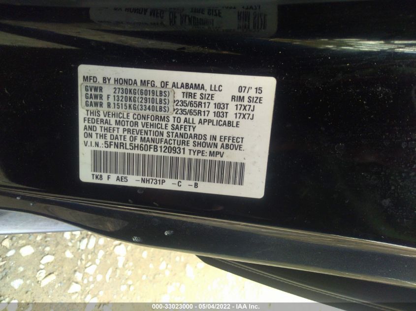 2015 HONDA ODYSSEY EX-L 5FNRL5H60FB120931