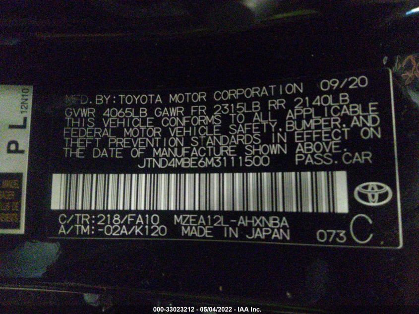 2021 TOYOTA COROLLA HATCHBACK SE JTND4MBE6M3111500