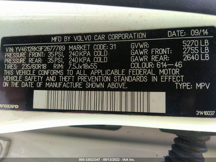 2015 VOLVO XC60 T5 YV4612RK9F2677789