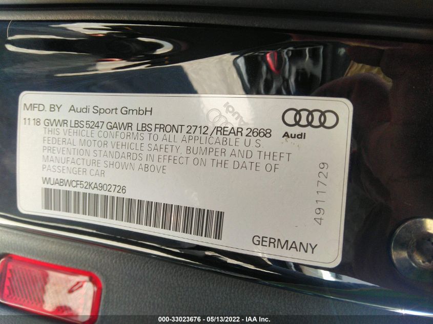 2019 AUDI RS 5 SPORTBACK WUABWCF52KA902726