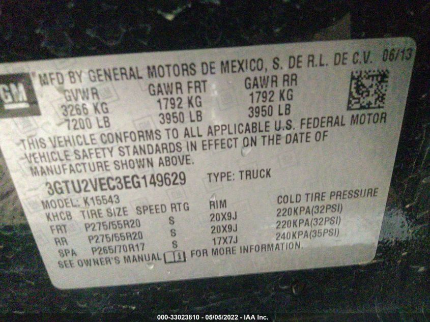 2014 GMC SIERRA 1500 SLT 3GTU2VEC3EG149629