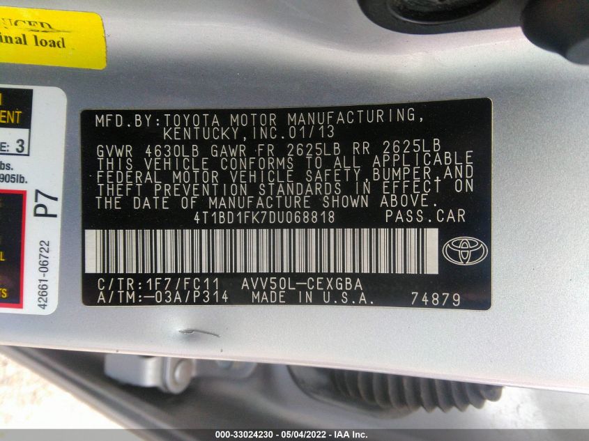 2013 TOYOTA CAMRY HYBRID LE/XLE 4T1BD1FK7DU068818