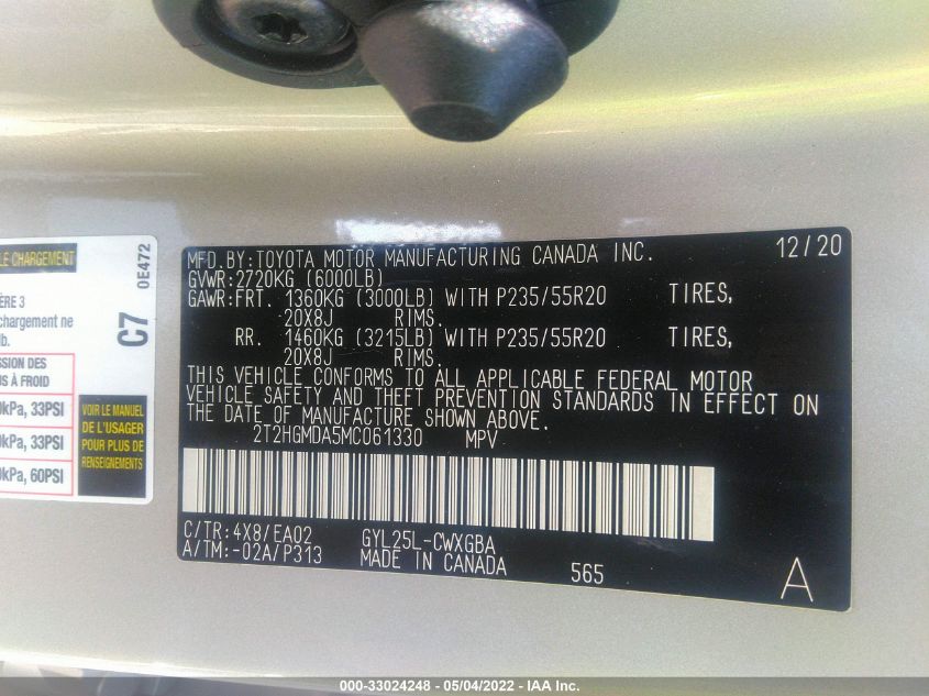 2021 LEXUS RX RX 450H 2T2HGMDA5MC061330