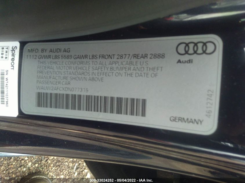 2013 AUDI S7 PRESTIGE WAUW2AFCXDN077315