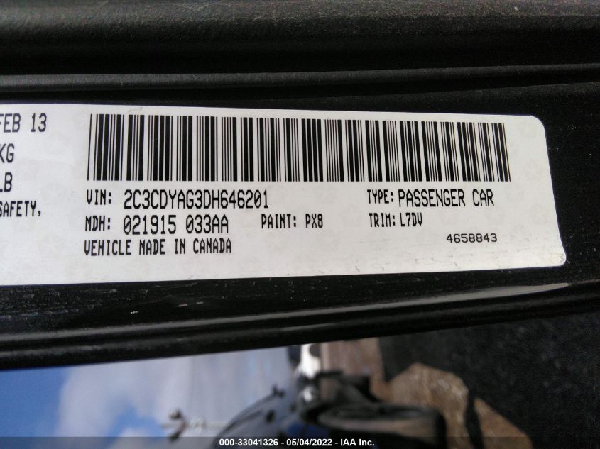 2013 DODGE CHALLENGER SXT 2C3CDYAG3DH646201