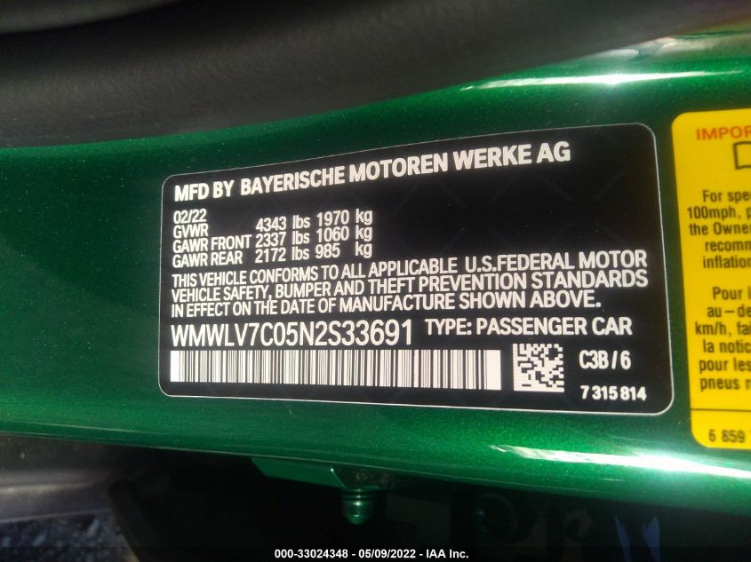 2022 MINI CLUBMAN COOPER S WMWLV7C05N2S33691