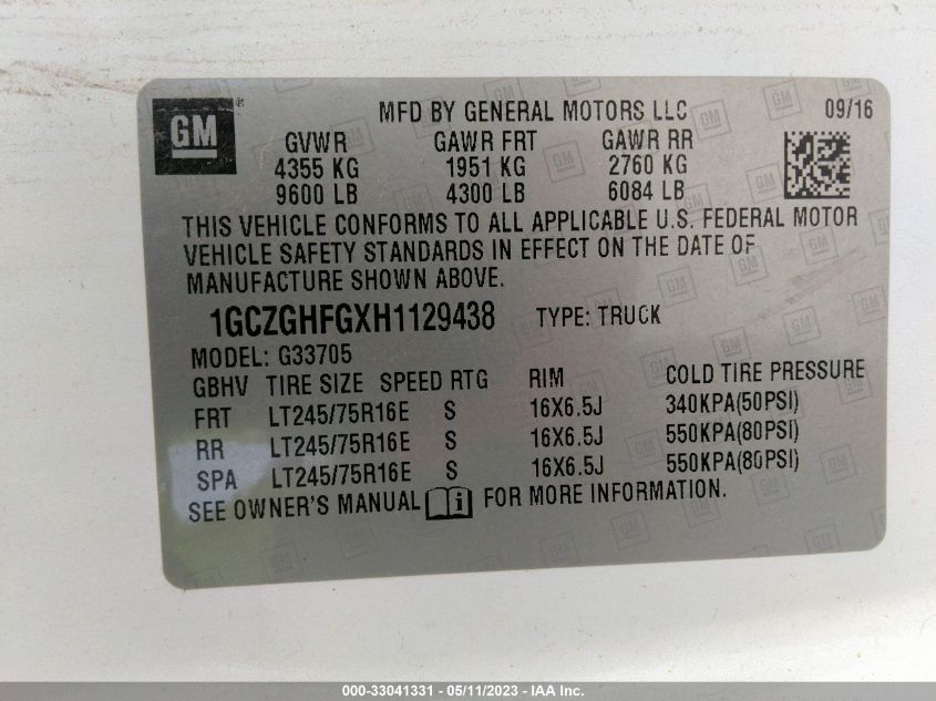 2017 CHEVROLET EXPRESS 3500 WORK VAN 1GCZGHFGXH1129438