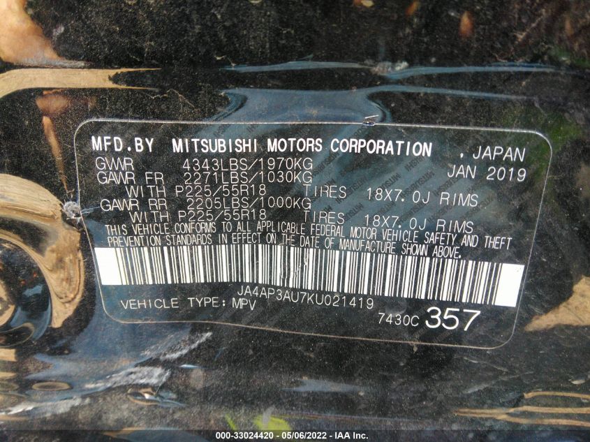 2019 MITSUBISHI OUTLANDER SPORT 2.0 JA4AP3AU7KU021419