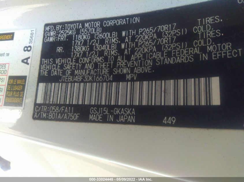 2013 TOYOTA FJ CRUISER JTEBU4BF3DK166704