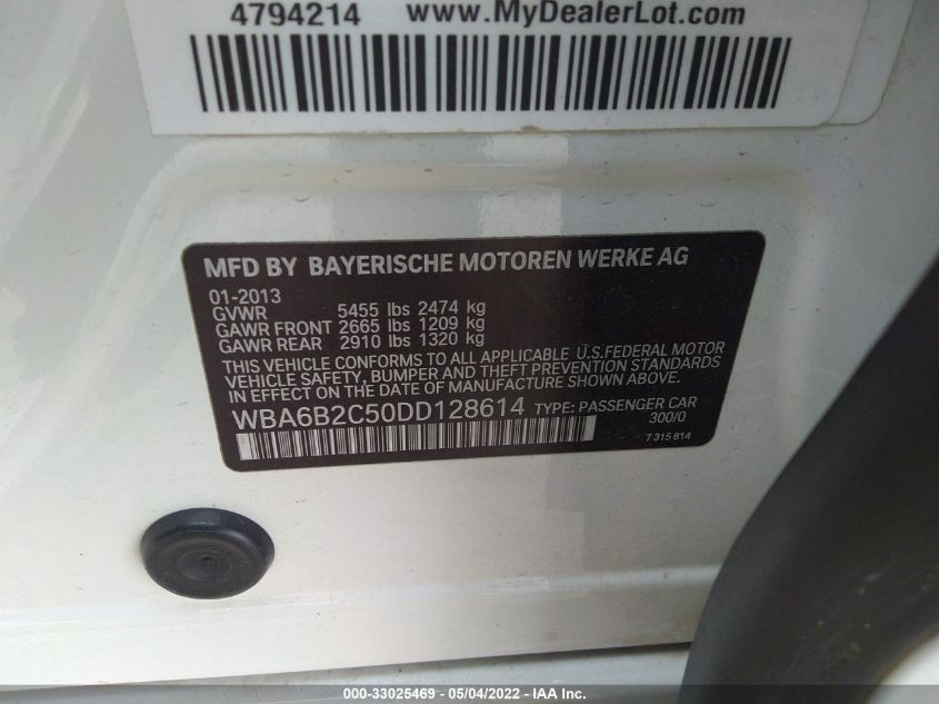 2013 BMW 6 SERIES 650I WBA6B2C50DD128614