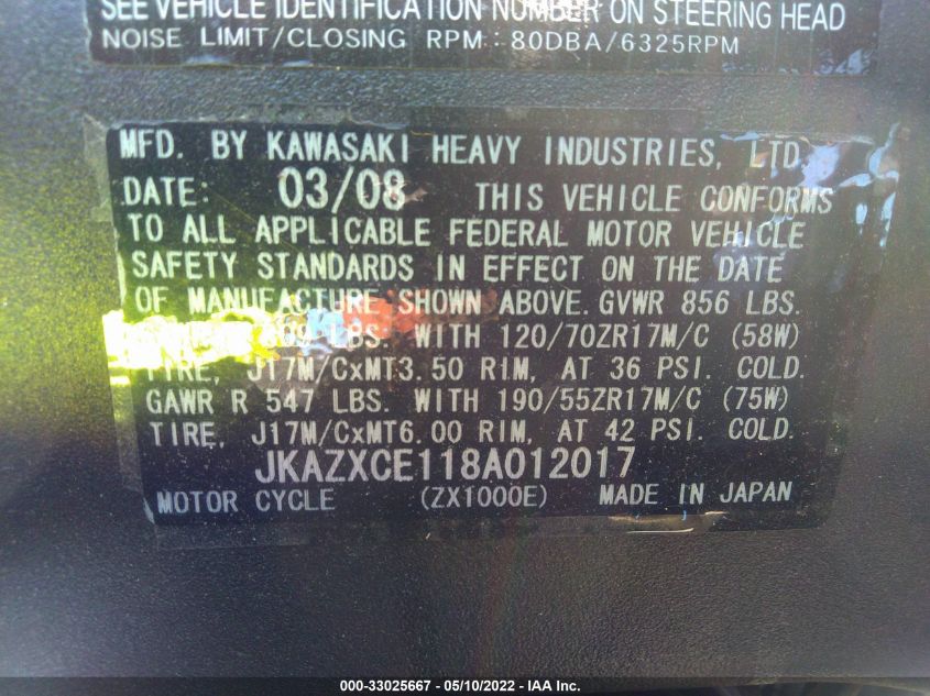 2008 KAWASAKI ZX1000 E JKAZXCE118A012017