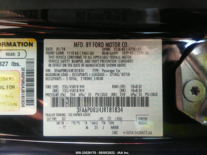 2018 FORD FUSION HYBRID TITANIUM/PLATINUM 3FA6P0RU4JR181834