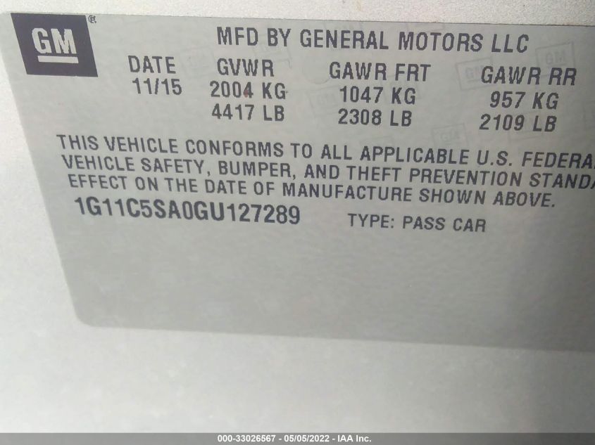 2016 CHEVROLET MALIBU LIMITED LT 1G11C5SA0GU127289