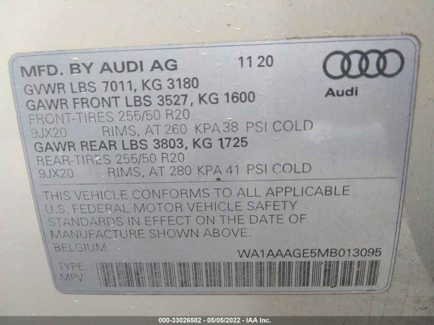 2021 AUDI E-TRON PREMIUM WA1AAAGE5MB013095
