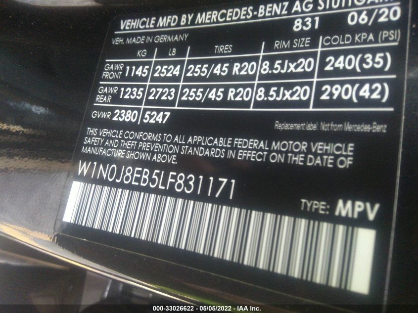 2020 MERCEDES-BENZ GLC GLC 300 W1N0J8EB5LF831171