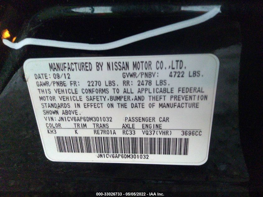 2013 INFINITI G37 SEDAN JOURNEY JN1CV6AP6DM301032