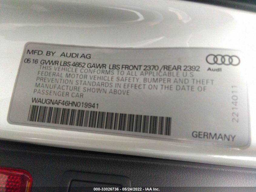 2017 AUDI A4 PREMIUM WAUGNAF46HN019941