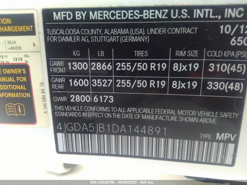 2013 MERCEDES-BENZ M-CLASS ML 350 4JGDA5JB1DA144891