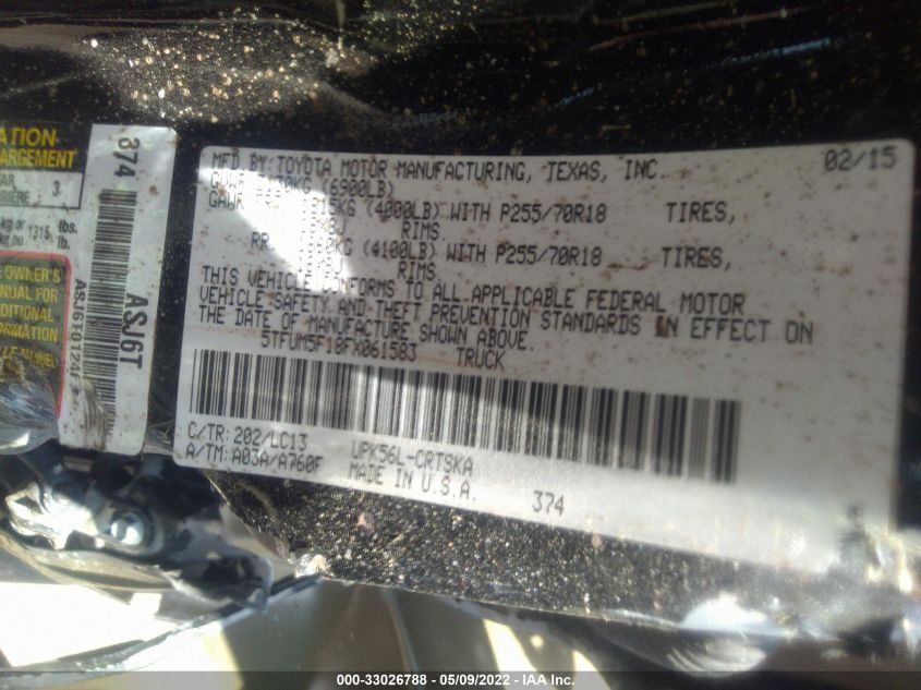 2015 TOYOTA TUNDRA 4WD TRUCK SR/SR5 5TFUM5F18FX061583
