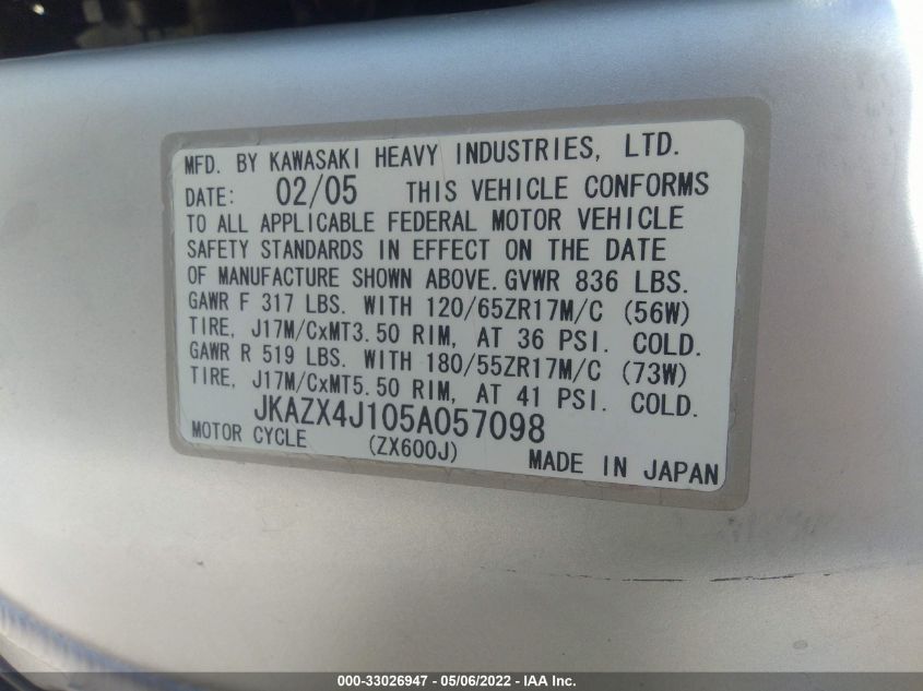 2005 KAWASAKI ZX600 J1 JKAZX4J105A057098