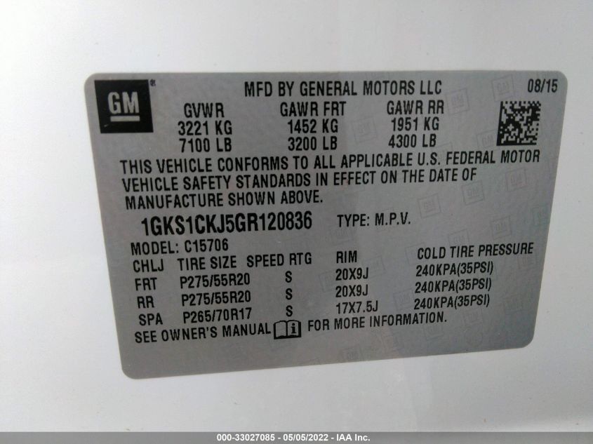 2016 GMC YUKON DENALI 1GKS1CKJ5GR120836