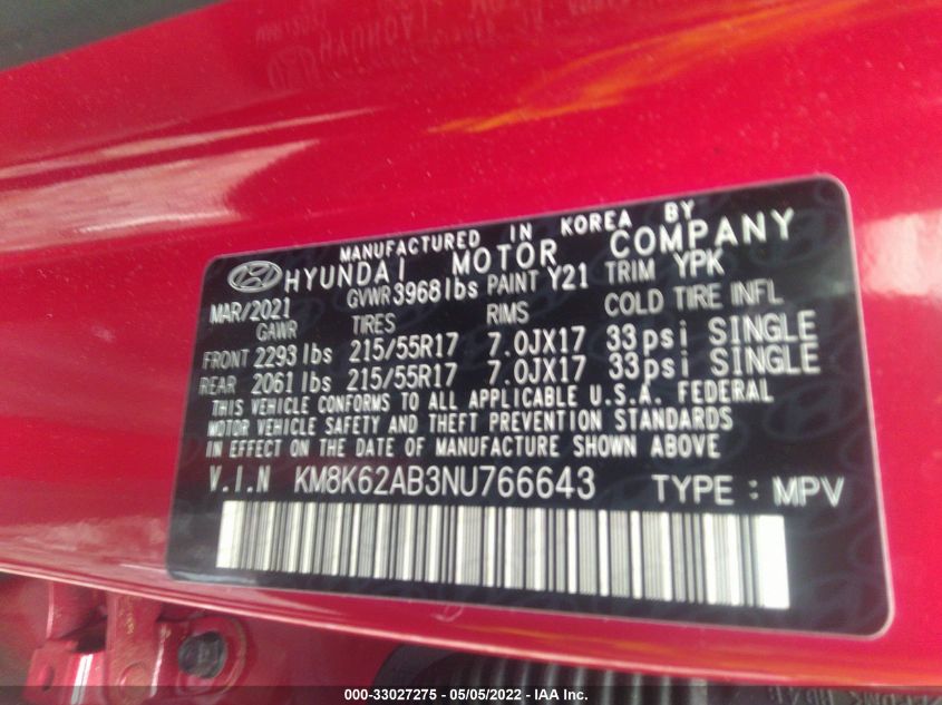 2022 HYUNDAI KONA SEL KM8K62AB3NU766643