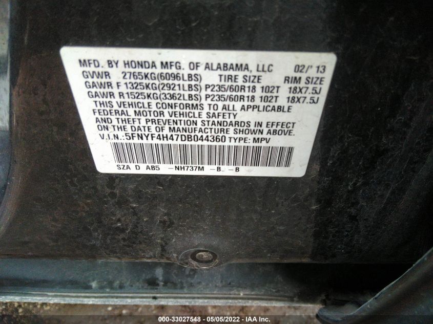 2013 HONDA PILOT EX 5FNYF4H47DB044360