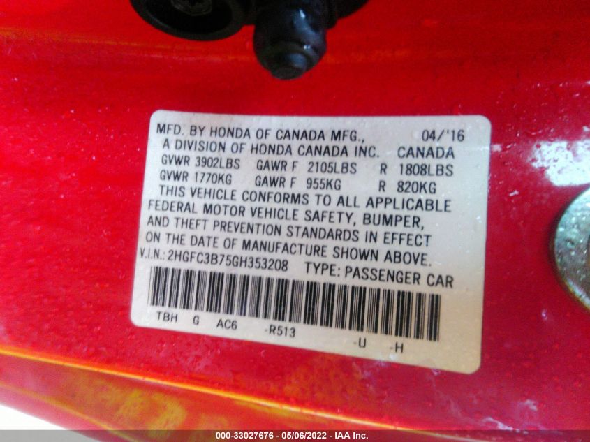 2016 HONDA CIVIC COUPE EX-L 2HGFC3B75GH353208