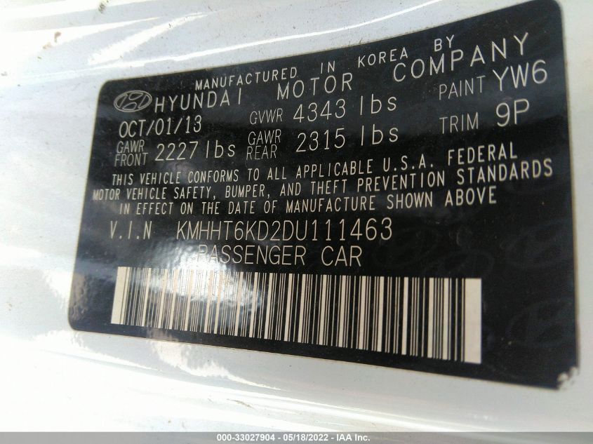 2013 HYUNDAI GENESIS COUPE 2.0T KMHHT6KD2DU111463