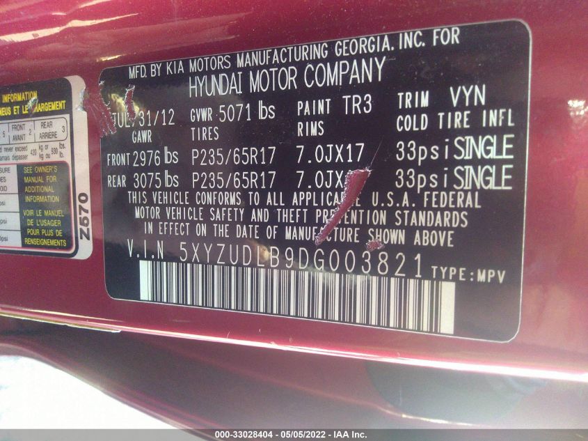 2013 HYUNDAI SANTA FE SPORT 5XYZUDLB9DG003821