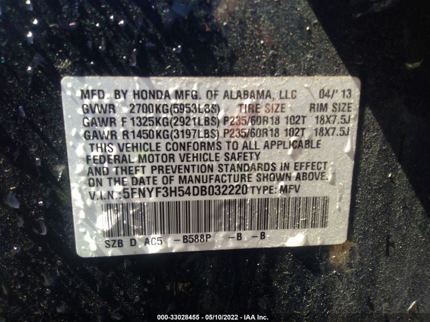 2013 HONDA PILOT EX-L 5FNYF3H54DB032220