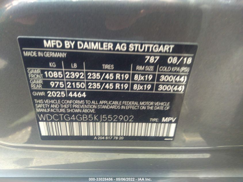 2019 MERCEDES-BENZ GLA GLA 250 WDCTG4GB5KJ552902