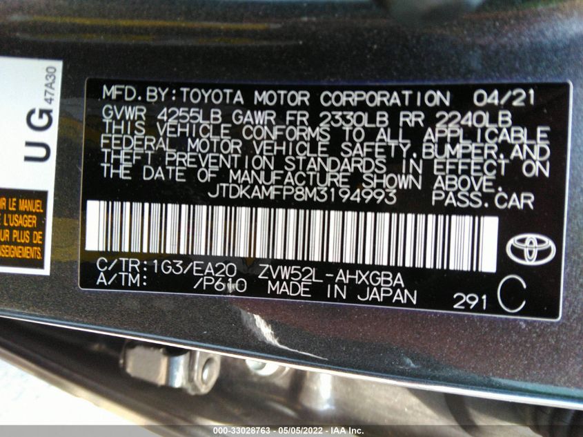 2021 TOYOTA PRIUS PRIME LE/XLE/LIMITED JTDKAMFP8M3194993