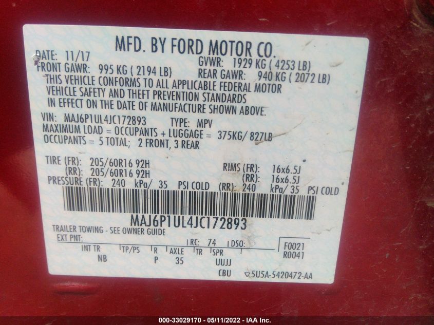 2018 FORD ECOSPORT SE MAJ6P1UL4JC172893