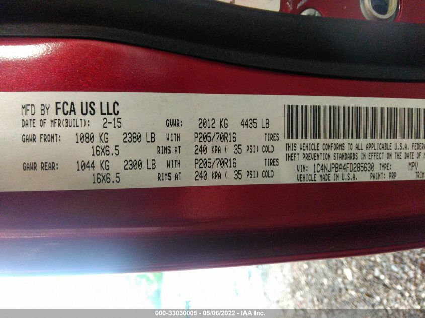 2015 JEEP PATRIOT SPORT 1C4NJPBA4FD285630