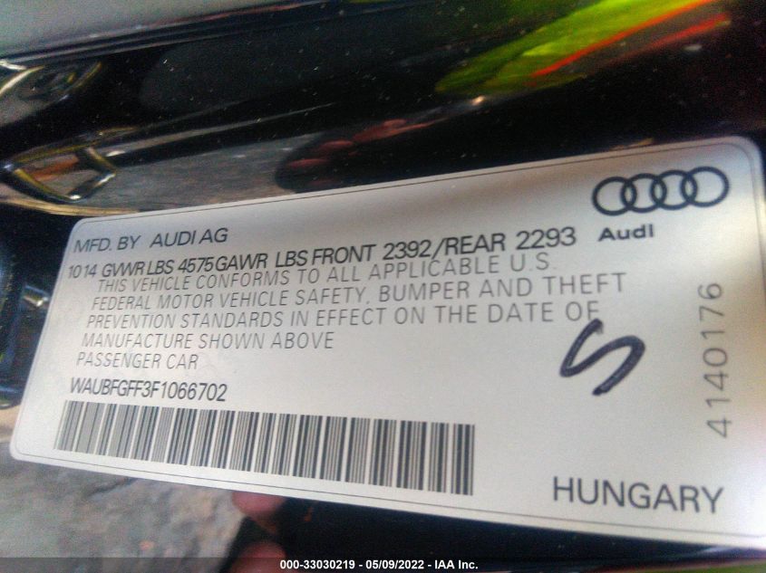 2015 AUDI S3/A3 2.0T PREMIUM WAUBFGFF3F1066702