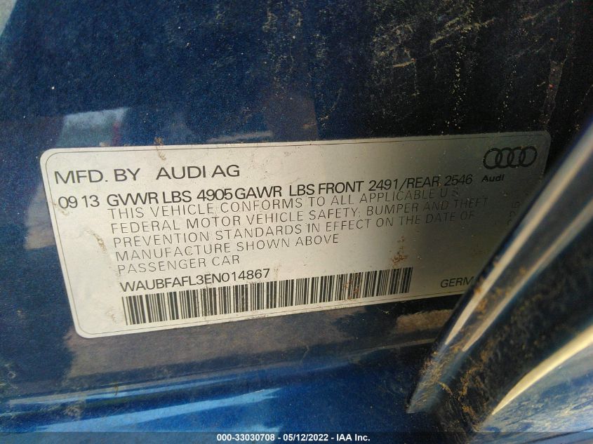 2014 AUDI A4 PREMIUM WAUBFAFL3EN014867